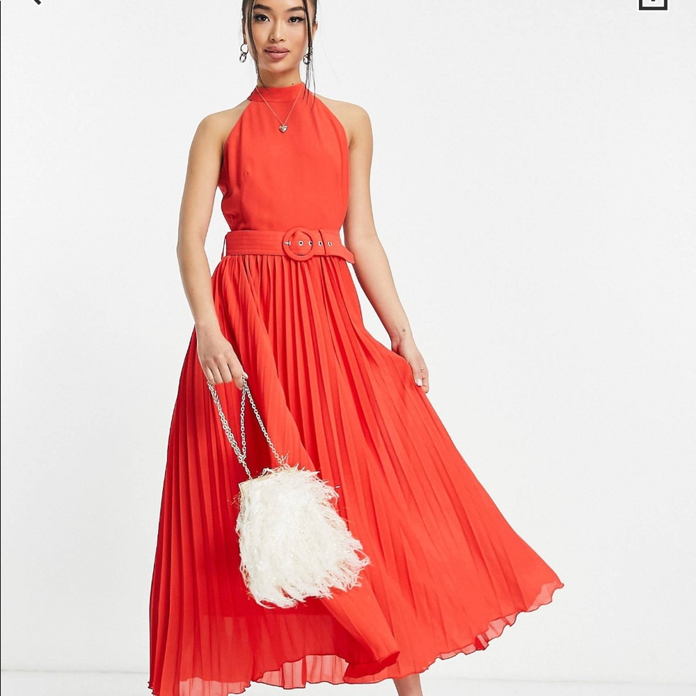 Style Cheat high neck pleated midaxi dress in red